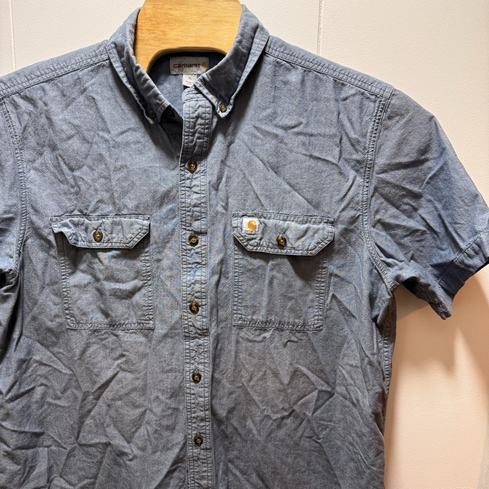 Carhartt Shirt Men Size XL Short Sleeve Button Up Blue Denim Logo‎ Pockets